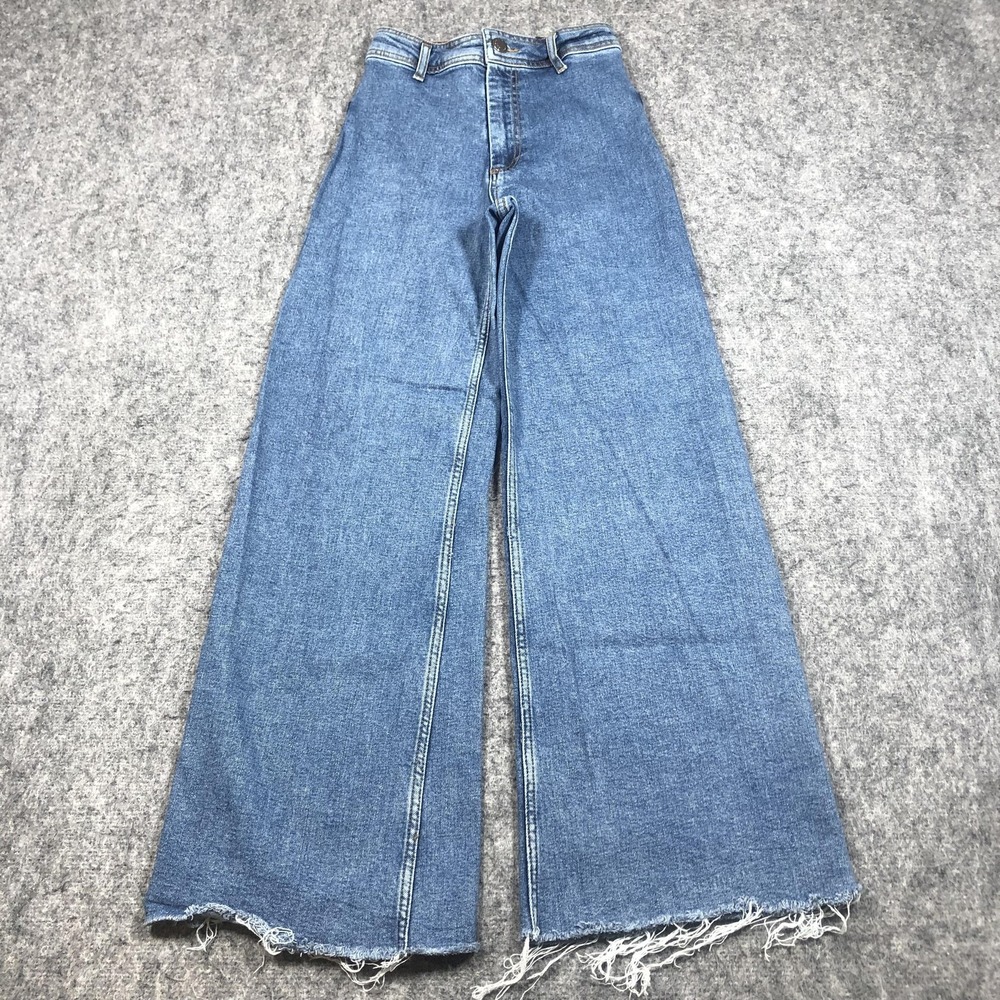 Zara The Marine Straight Jeans Womens 2 Medium Blue High Rise Wide Leg Raw Hem